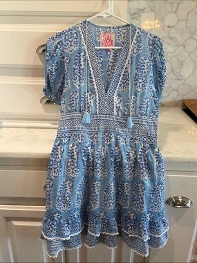 Light Blue Printed Tassel Casual Dress